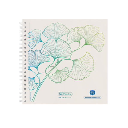 Collegeblock mit spiralförmiger Bindung und Ginkgo-Blatt-Motiv in grün-blau.