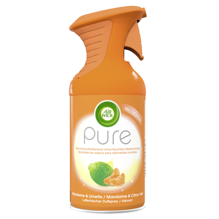 Raumspray mit orangefarbenem Sprühkopf und Mandarinen- sowie Limettenmotiven.