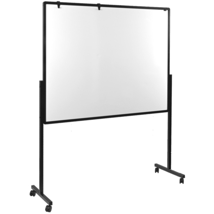 Mobiles Whiteboard mit zwei Stativen und Rollen, geeignet für verschiedene Präsentationsformate.