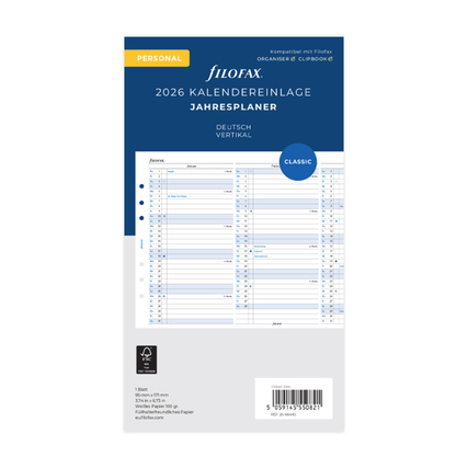 Vertikale Kalender-Einlage für 2026 im Personal-Format.