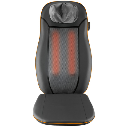 Schwarze Massageauflage mit Nackenstütze und Wärmefunktionen, frontal abgebildet.