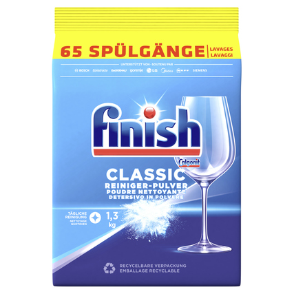 Pulverförmiges Geschirrspülmittel in blauer Verpackung mit Grafik eines Glases und 1,3 kg Inhalt.