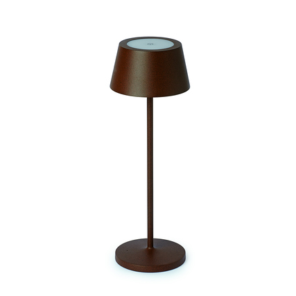 Braune Tischleuchte mit minimalistischem Design und kontaktlosem Ladefeld.