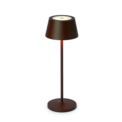 Braune Tischleuchte mit minimalistischer Form und dimmbarem Licht, für kabellosen Einsatz geeignet.