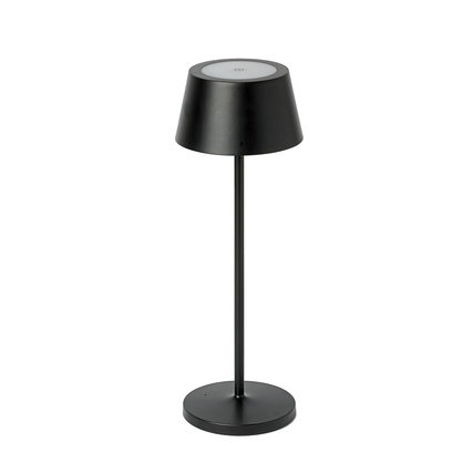 Schwarze Tischleuchte mit minimalistischem Design und runder Oberseite auf einem stabilen Standfuß.
