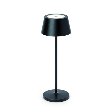 Schwarz-weiße Tischleuchte mit minimalistischer Form und runder Lichtquelle.