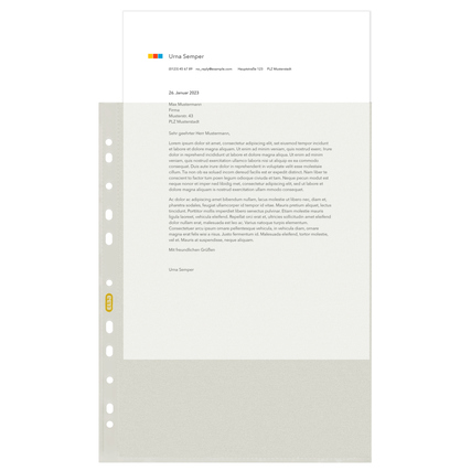 Transparente Prospekthülle mit Dokumenteninhalt im A4-Format und grauer Unterseite.