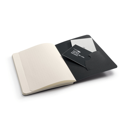 Schwarzes Notizbuch mit offenem Cover, Innenseite mit Punkten und Tasche für Karten.