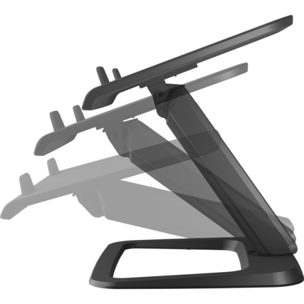Schwarzer Laptopständer mit flexibler, höhenverstellbarer Konstruktion in seitlicher Ansicht.