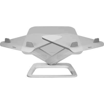 Weißer Laptopständer in einer erhöhten Position, dargestellt aus einer Frontalansicht.