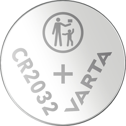 Runde Lithium-Knopfzelle CR2032 mit Herstellerbezeichnung und Symbol für Elektrogeräteentsorgung.