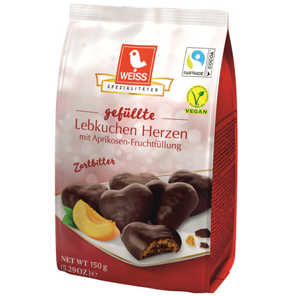 Ziegelbeutel mit gefüllten Lebkuchenherzen in Zartbitter und Aprikosenfruchtfüllung.