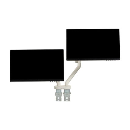 Zwei schwarze Monitore auf einem weißen/hellgrauen Monitorarm in Dual-Position.