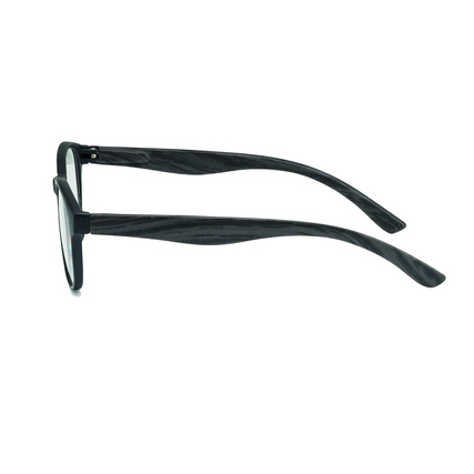 Seitenansicht einer schwarzen-anthrazit Lesebrille im Panto-Stil mit flexiblen Bügeln.