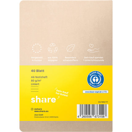 Liniertes Notizheft im DIN A6 Format mit brauner Umschlagfarbe und gelber Beschriftung.