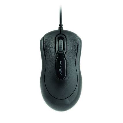 Schwarze, kabelgebundene PC-Maus mit abgerundeter Form und zwei Tasten, Ansicht von oben.