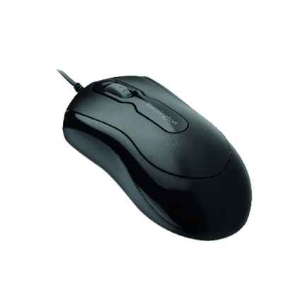 Schwarze optische PC-Maus mit Kabel und Scrollrad in abgerundeter Form für Links- und Rechtshänder.