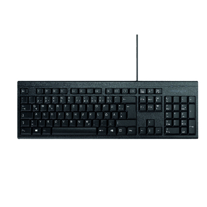 Schwarze kabelgebundene Full-Size-Tastatur mit Ziffernblock und taktilen Tasten.