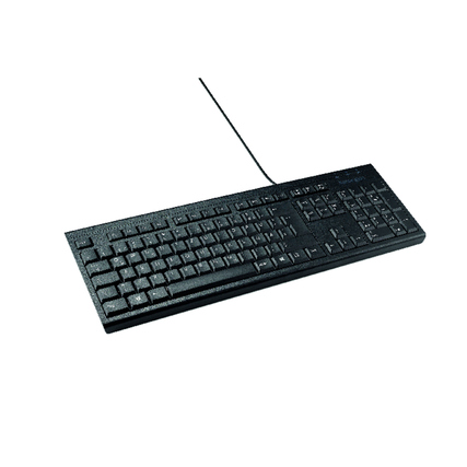 Schwarze kabelgebundene Tastatur mit ISO Full-Size-Layout und Ziffernblock.