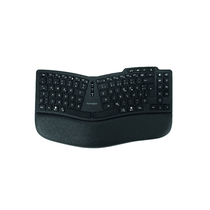Ergonomische kabellose Tastatur mit abgerundeter Tastenanordnung in schwarzem Design.