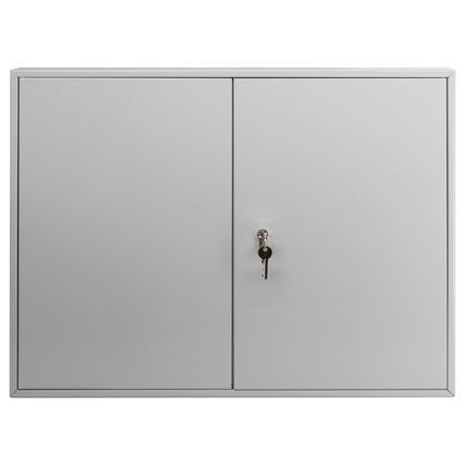 Grauer Schlüsselschrank mit zwei Türen und einem Vorhängeschloss in der Mitte.
