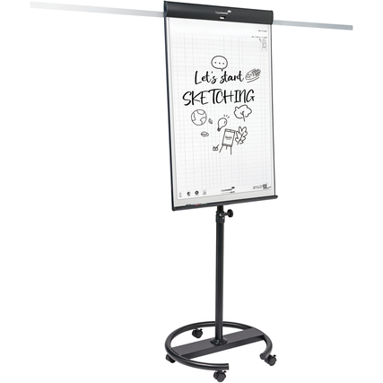 Mobiles Flipchart mit runder Basis und einem beschreibbaren Blatt, dekoriert mit Skizzen.