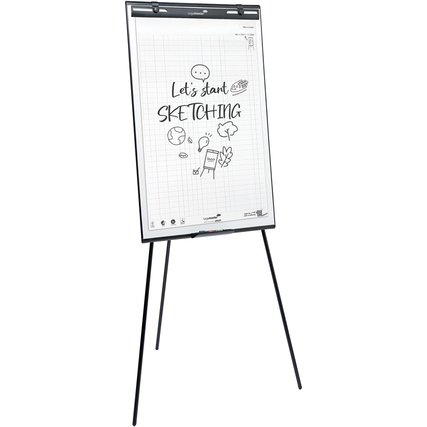 Flipchart mit Skizzenpapier und Zeichnungen auf einem dreibeinigen Ständer.