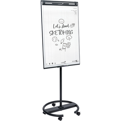 Mobiles Flipchart mit einer Skizze und einem runden Sockel, auf einem stabilen Gestell.