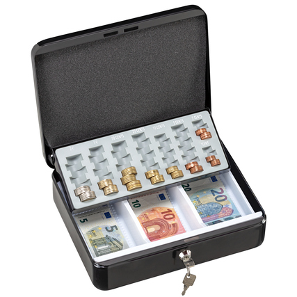 Geldkassette mit offenem Deckel, Zähleinsatz für Banknoten und Münzen sichtbar.
