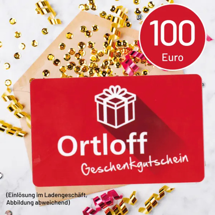 Gutschein im Wert von 100 Euro mit Geschenkbox-Design auf buntem Konfetti-Hintergrund.