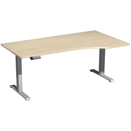 Modularer Schreibtisch mit ahornfarbener Tischplatte und silbernen Beinen, Freiform rechts.
