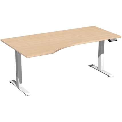Schreibtisch in Freiform mit hölzerner Oberfläche und einem motorisierten Gestell.