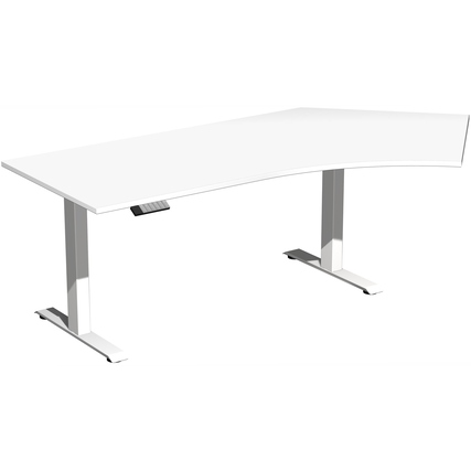 Weißer Schreibtisch mit Freiform und Teleskop-Hubmechanik, rechts abgerundet.