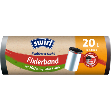 Rollenverpackung mit Fixierband für Müllbeutel, 20 Liter, aus 100% recyceltem Plastik.