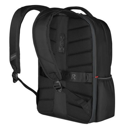 Schwarzer Rucksack mit gepolsterten Schulterriemen und atmungsaktiver Rückenpolsterung.