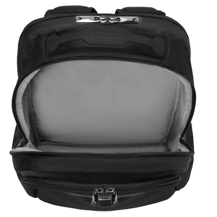 Schwarzer Rucksack mit offenem Hauptfach und grauem Innenfutter.