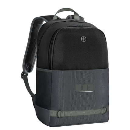Schwarzer Notebookrucksack mit Reflektorstreifen und gepolsterten Schulterriemen.