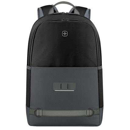 Schwarzer Rucksack mit grauem unteren Bereich und reflektierendem Streifen, Frontansicht.