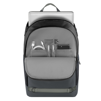 Grauer Rucksack mit Laptopfach und mehreren Außentaschen und -fächern für Zubehör.