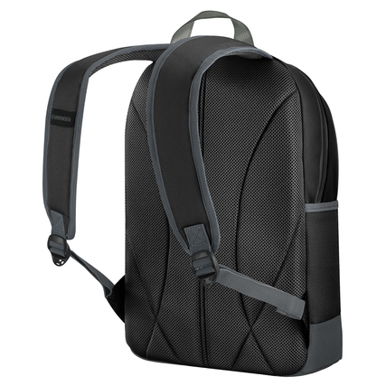Schwarzer Rucksack mit gepolsterten, verstellbaren Schulterriemen und seitlicher Tasche.