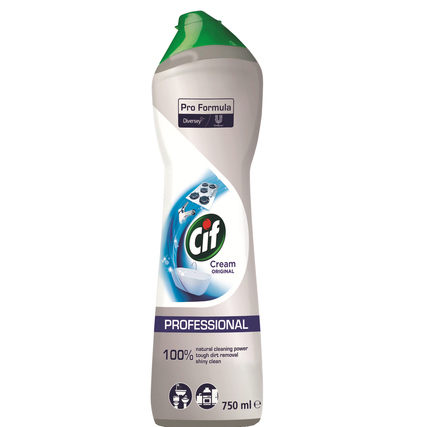 CIF Scheuermilch in einer weißen Flasche mit grünem Deckel, 750 ml, für professionelle Reinigung.