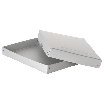 Graue Aufbewahrungsbox mit separatem Deckel, teilweise geöffnet, auf neutralem Hintergrund.