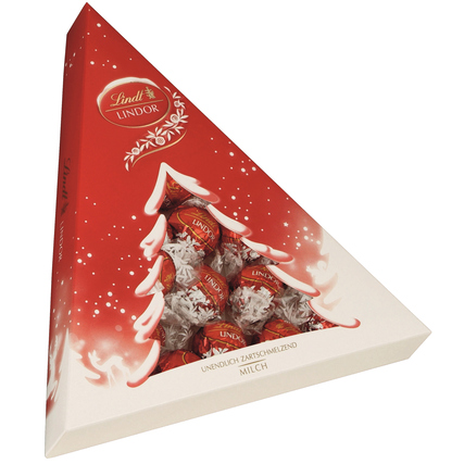 Dreieckige Verpackung mit rot-weißer Weihnachtsbaum-Gestaltung und Vollmilch-Schokoladenkugeln.