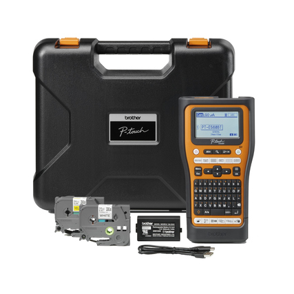 Brother Beschriftungsgerät PT-E560BTVP in schwarzem Koffer mit Zubehörteilen und Displayansicht.
