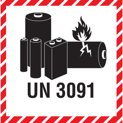 Hinweisetikett für Lithiumbatterien mit der Kennzeichnung UN 3091 und Warnsymbol für Gefahr.