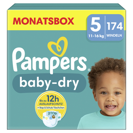 Pampers Baby-Dry Windeln in einer Monatsbox Größe 5 für Babys von 11-16 kg.