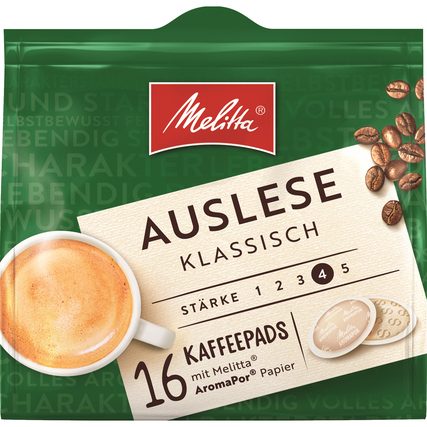 Verpackung von Melitta Kaffeepads Auslese Klassisch mit einer Tasse Kaffee und Kaffeebohnen.