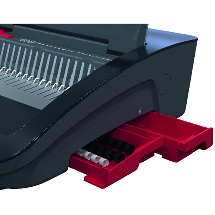Nahaufnahme des GBC Plastikbindegeräts CombBind CB25E mit Schnittgutablage.