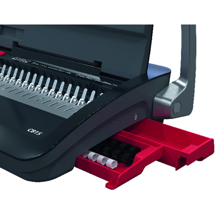 Manuelles Plastikbindegerät mit Auffangschale und aufbewahrungsfach, seitliche Randeinstellung.