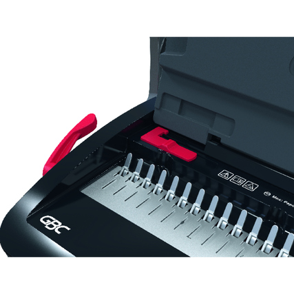 Manuelles Plastikbindegerät mit geöffnetem Deckel und sichtbarem Bindemechanismus.